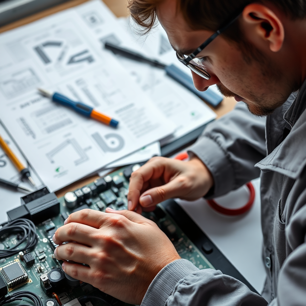 A close-up shot of an engineer working on a circuit board, surrounded by technical manuals and tools. The focus on detail showcases the intricate work involved in product development.