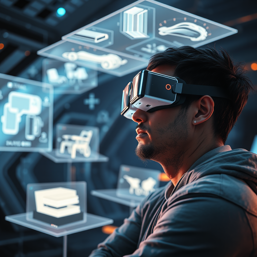 A futuristic setting showing a person deep in thought, possibly using augmented reality devices to envision product designs. Surround the scene with holographic displays of potential product concepts and technologies.